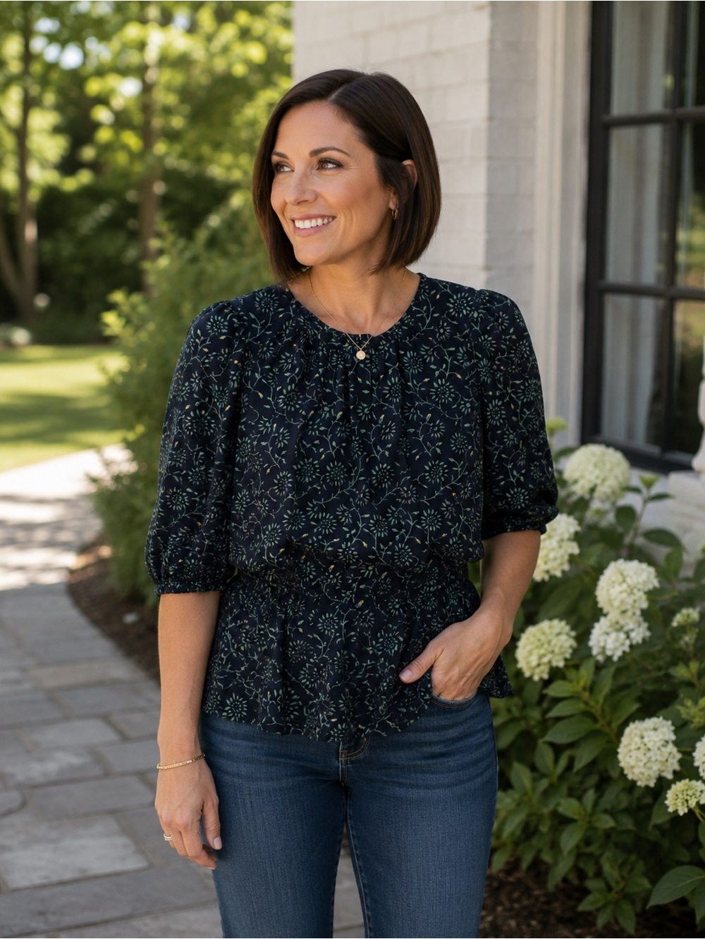 Meadow Run by Anthropology Women's Navy Floral Peplum Blouse - Navy green sz S